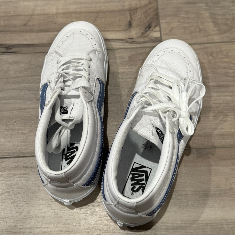 Vans Sk8-Mid Leather. White and blue. Men’s 8.5 / women’s 10. Worn once. - Picture 2 of 4